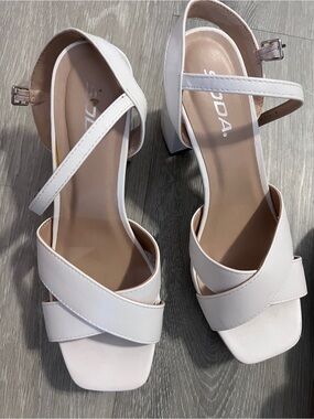 SODA White Crisscross Block Heel Sandals